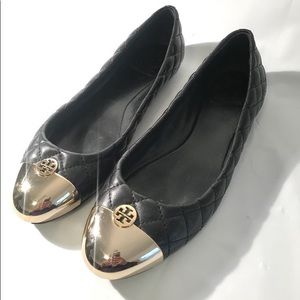 Tory Burch Quilted Black and Gold Flats